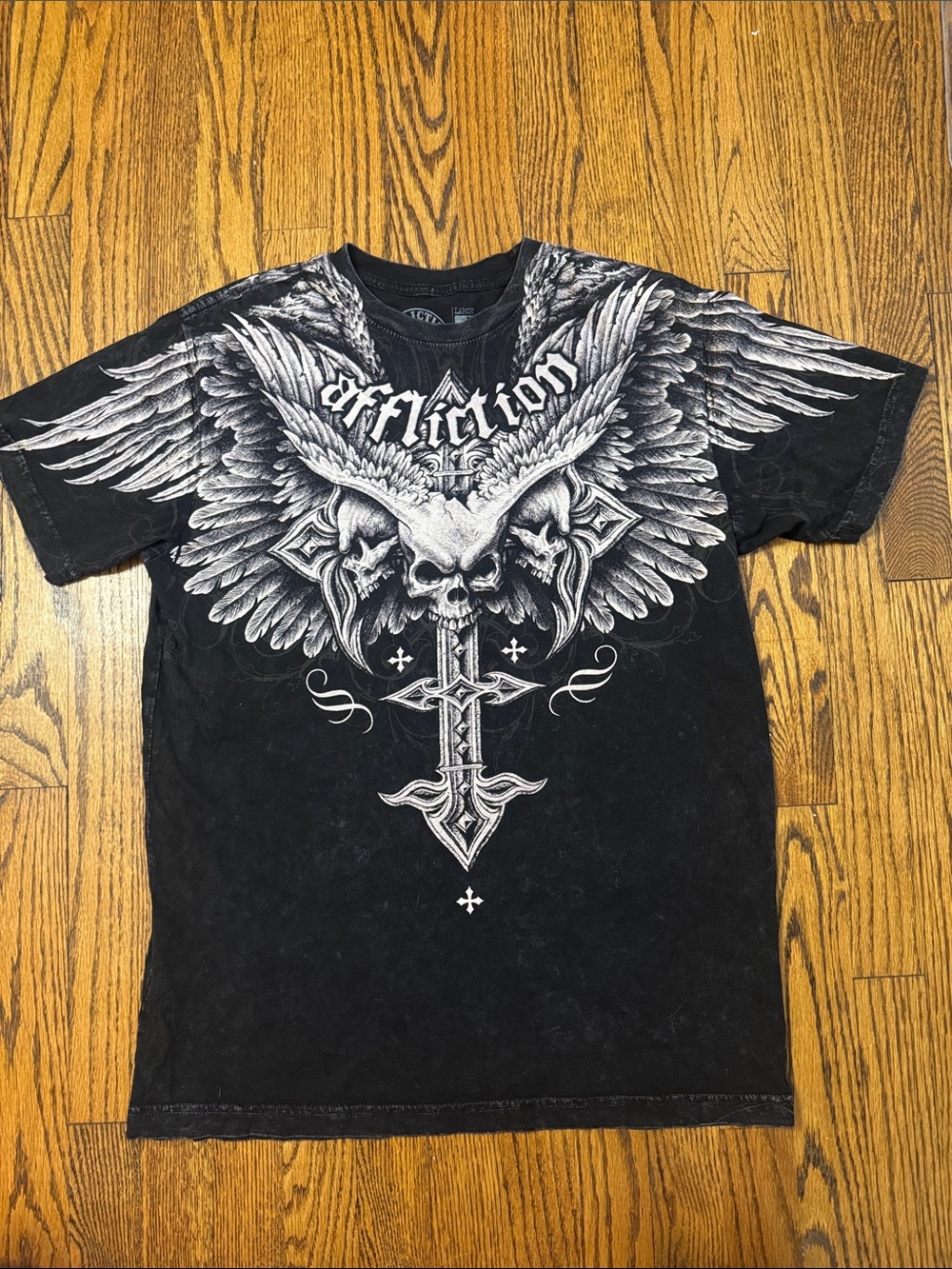 Affliction Blue Fast Skull Wings Cross Graphic Tee Black Size Large Y2K Biker
